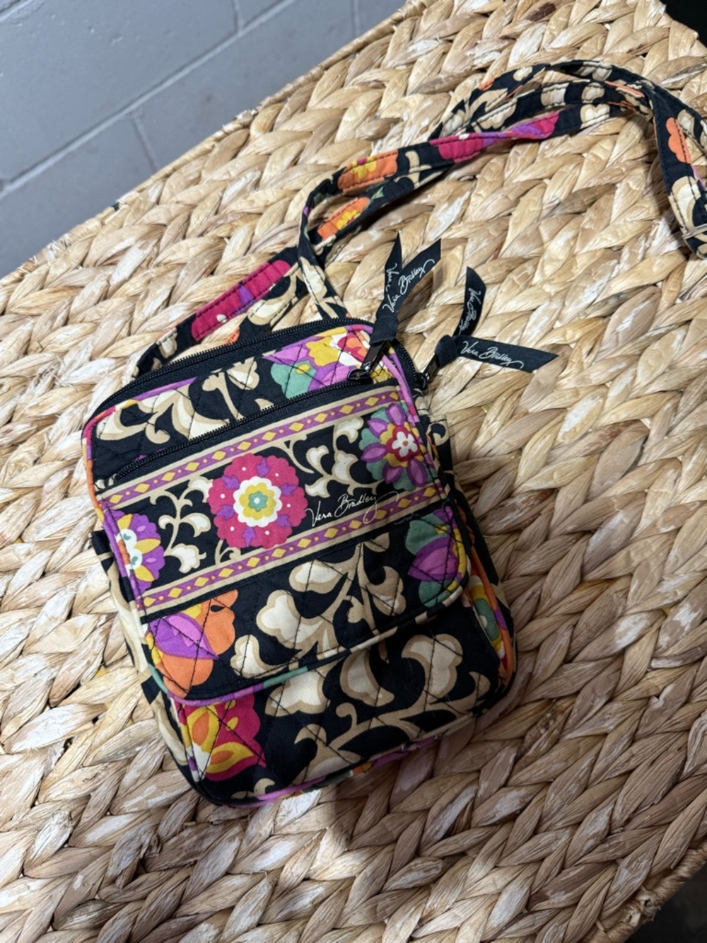 Vera Bradley Black Quilted Floral Crossbody with Pink Orange Purple Accents